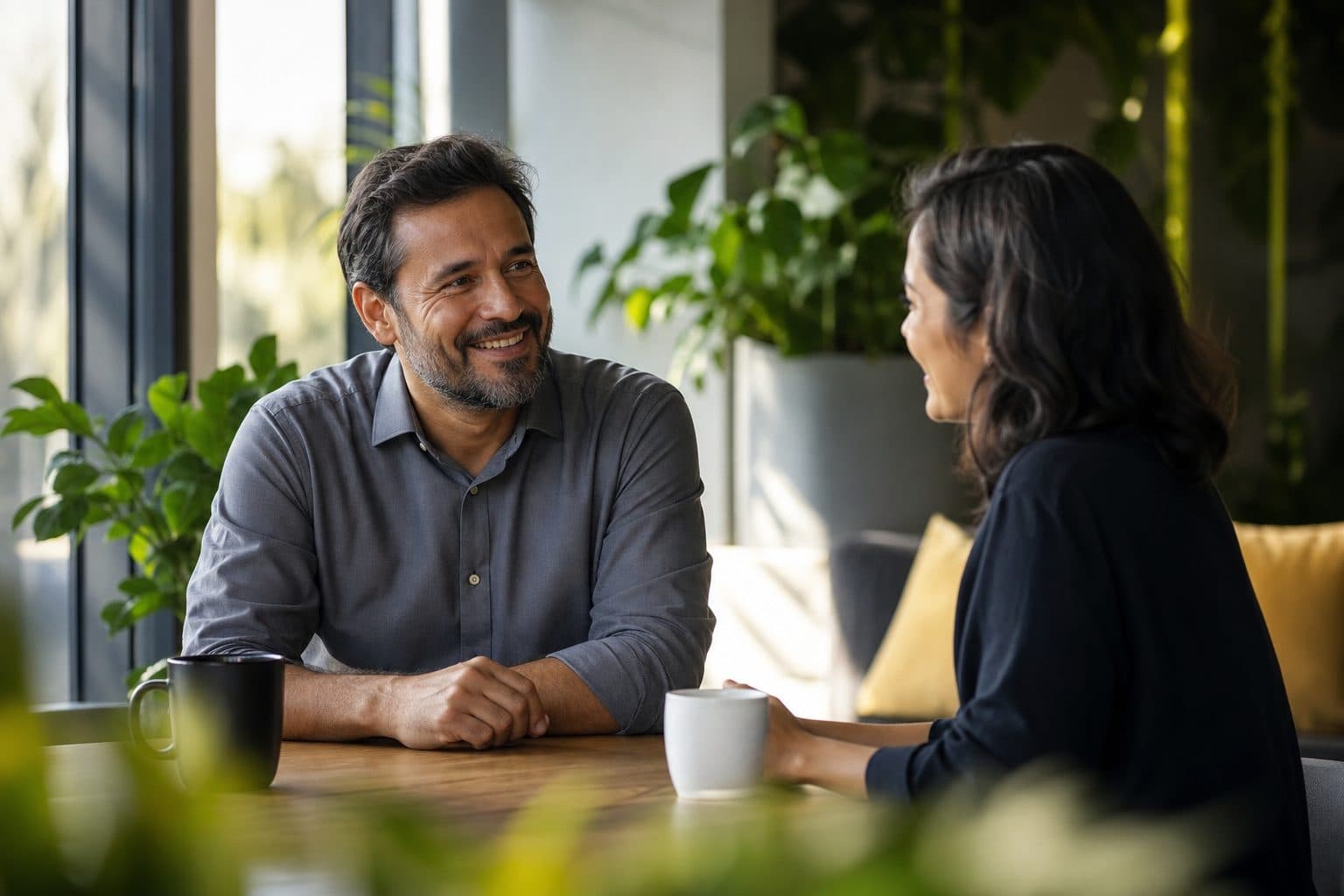 Conversa de acolhimento entre gestora e colaborador em um escritório iluminado